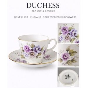 Duchess Bone China Teacup and Saucer England Purple Wildflowers Gold Trim 341